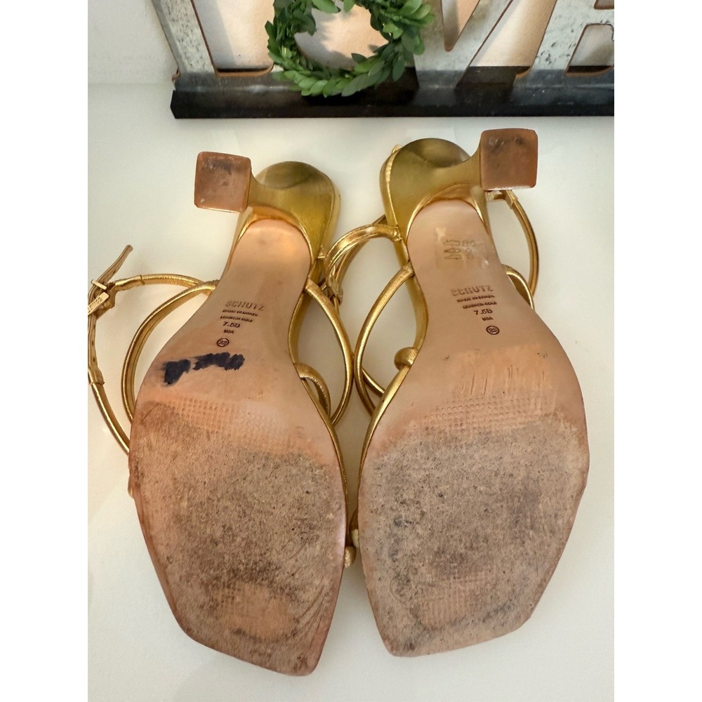 Schutz Womens Lovi Metallic Gold Tone Leather Strappy 4.5" Square Heels Sz 7.5B - Picture 9 of 16